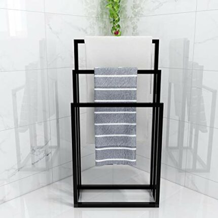 HOMERECOMMEND Metal Towel Bathroom Rack 3 Bars Freestanding Drying Shelf 3 Tier Storage Organizer Washcloths Holder (Black) (df569)