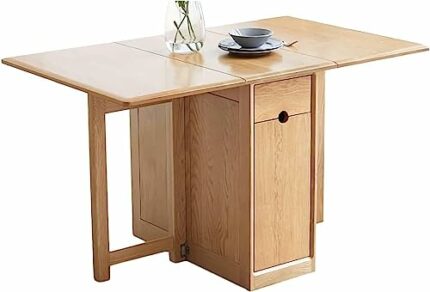 Shykey Dining Table, Rectangle Drop Leaf Table, Oak Folding Kitchen Table, Wood Multifunction Table with 3 Drawers, Home Furniture for Kitchen, D