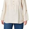Bonateks, Buttoned Tunisian Collar Blouse with Front Pockets, 100% Linen, UK Size: 12, US Size: XL, Tops, Linen - Made in Italy, White, 14