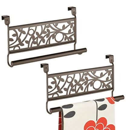 mDesign Tea Towel Holder — Over Door Towel Rail with No Drilling Required — Kitchen Towel Rail — For Kitchens and Bathrooms — Set of 2 — Bronze