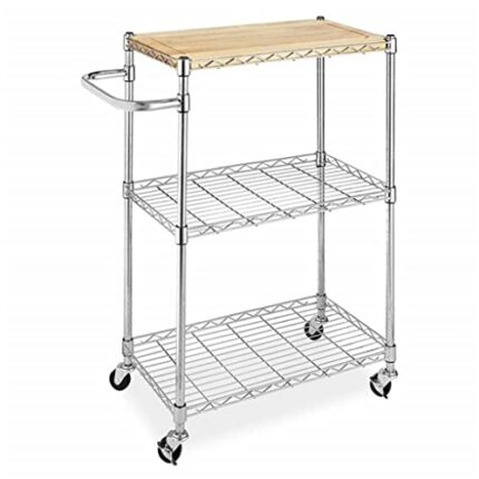 UXZDX 3 Tier Kitchen & Microwave Trolley 60x35x85CM Storage Rack Wood & Chrome Utility Storage Trolley