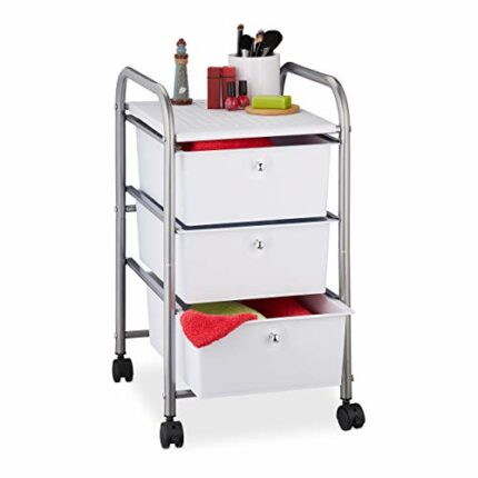 Relaxdays Storage Trolley, 3 Drawers, H x W x D approx. 60 x 33 x 39 cm, Metal & Plastic, Silver, Plastic Metal