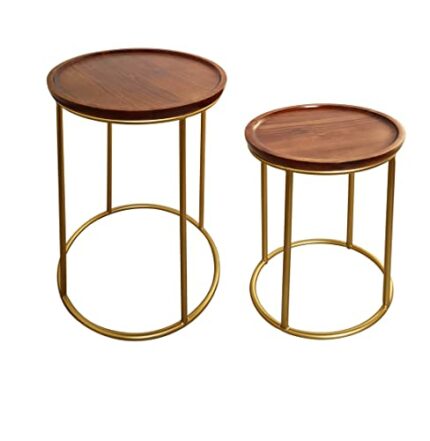 ASPECT Delphyne Wooden Round Nest of 2 Tables with Metal Legs, Brown/Gold, L 40 56 S 30 Dia x 45.5 (H) cm