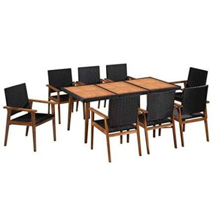 TJLSS 9 Piece Patio Dining Set Poly Rattan Black and Brown Garden Table and Chairs Outdoor Furniture Set