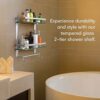 Vdomus Tempered Glass Bathroom Shelf with Towel Bar Wall Mounted Shower Storage, Brushed Silver Finish 15.2 X 5 X 16.1 inches 2 Tier Glass Shelf
