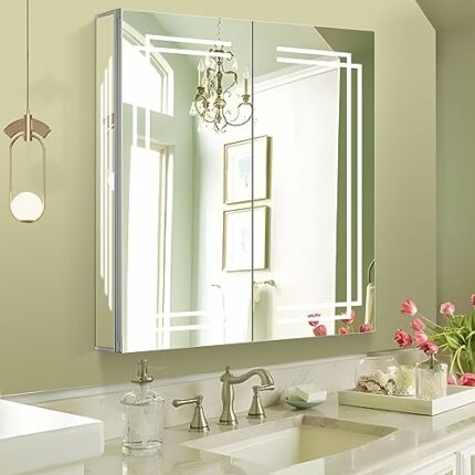 Janboe 30×32 inchLED Mirror Cabinet,Bathroom Medicine Cabinet with Lights,Aluminum,3 Color and Dimmable,Equip with Internal Light,USB Shaver Sock