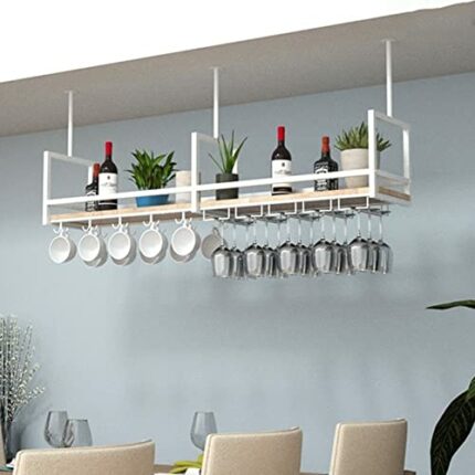 SUCHETA Wine Rack Wine Holder, Ceiling Shelf Hanging Wooden Wine Racks Nordic Kitchen Dining Room Wall Cabinet Ceiling Shelf Wrought Iron Solid W