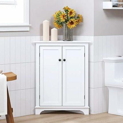 Spirich Floor Corner Cabinet with Doors and Shelves, Freestanding Bathroom Corner Storage Cabinet for Bathroom, Kitchen, Living Room, Bedroom, Wh