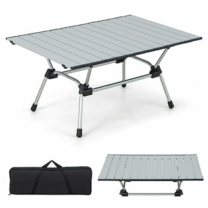 TANGZON Folding Aluminium Camping Table, Outdoor Portable Roll up Beach Table with Carry Bag, 4-Level Height Adjustable Lightweight Garden Table