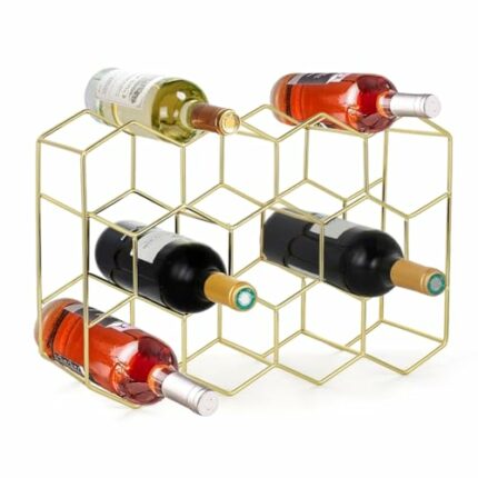 IKITEE Countertop Wine Rack, 14 Bottles Tabletop Wine Holder, Freestanding Gold Wine Bottle Organizer, Wine Storage Holder for Kitchen Cabinet Pa