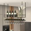 EYLINK Hanging Wine Rack with Glass Holder and Shelf, Adjustable Height Metal and Solid Wood Ceiling Bar Wine Glass Rack, 2 Layer Industrial Wall