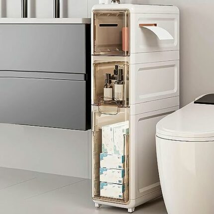 Toilet Side Storage Cabinet, Narrow Bathroom Floor Cabinet with 4 Drawers and Casters Freestanding Slim Drawer Storage Tower Easy Pull Handle for