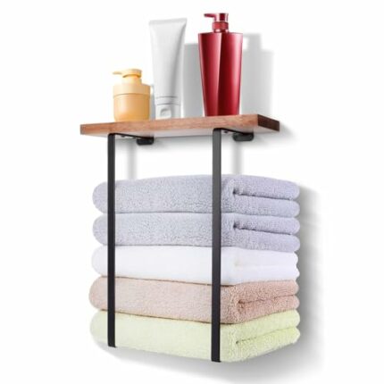 Towel Racks for Bathroom Wall Mounted, Bathroom Organization, Towel Storage, Matte Black Minimalist Towel Racks with Wooden Shelves for Hand Towe
