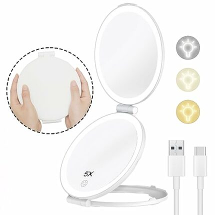 FUNTOUCH Rechargeable Makeup Mirror with Lights, Lighted Makeup Beauty Mirror with 1X/5X Magnification, 3 Colour Lighting, Dimmable Touch Screen