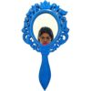 collectiblesBuy Handcrafted Wooden Hand Held Mirror Blue Floral Design with Handle Small Oval Shape Plain HD Dressing Table Bathroom Accessory Va