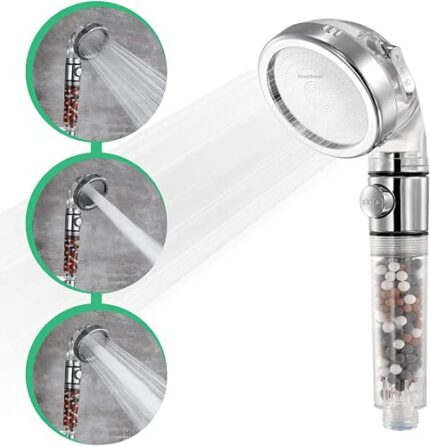 StoneStream® Shower Head Eco Power- Original High Pressure Multi Functional Ionic Shower Head with 3 Spray Settings — with EcoStop Button for Non