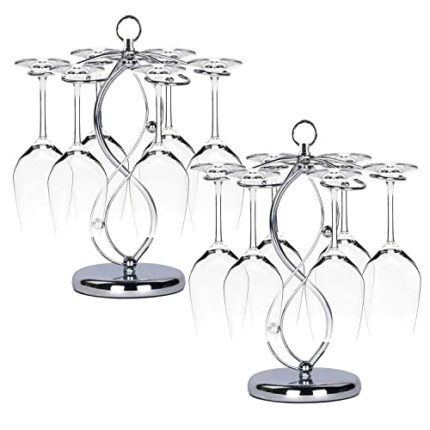 TENINE Tabletop Wine Glass Rack, 6 Wine Glasses Holder Storage/Freestanding Stemware Organizer, Upside Down Hanging Wine Goblets Display Decorati