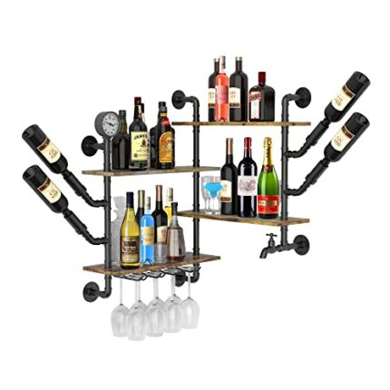 Gtouse Wine Rack Wall Mounted Corner 4 Tier,Industrial Wall Wine Rack,Floating Bar Liquor Shelves with 4 Stem Glass Holder,Wine Rack Wall Mounted