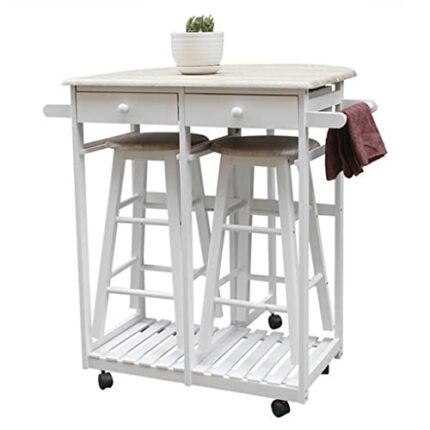 SLNFXC Dining Room Kitchen Foldable Wooden Handle Semicircle Dining Cart With Round Stool White