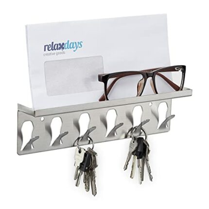 Relaxdays Key Holder, Board, with Shelf, 6 Hooks, Modern Design, HxWxD: 7 x 24.5 x 5 cm, Home, Decoration, Wall, Silver, 100% stainless steel