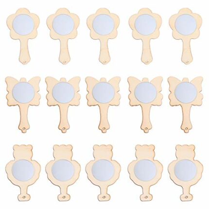 FOMIYES 15Pcs DIY Wooden Mold Mirror Children DIY Hand Painted Handwork Mirrors Unfinished Handheld Mirror for Kids DIY (Random Style)