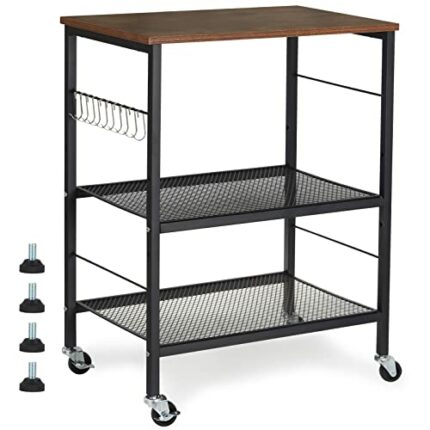 Microwave Oven Stand, Kitchen Baker's Rack 3-Tier Mesh Kitchen Storage Cart with Metal Frame Industrial Wood Accent Furniture for Living Room, Be