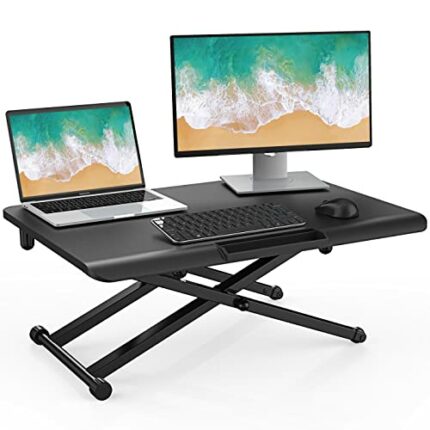 Fenge Standing Desk Converter 65×45cm Sit Stand Desk with Phone Holder, Portable Computer Laptop Riser Desk for Home Office Use, Black