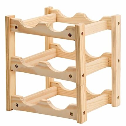 Fangehong Wooden Wine Rack, 3 Tier 6 Bottles Wine Bottle Display Shelves, Free Standing Wine Storage Holder, Wine Racks for Kitchen Pantry Wine C