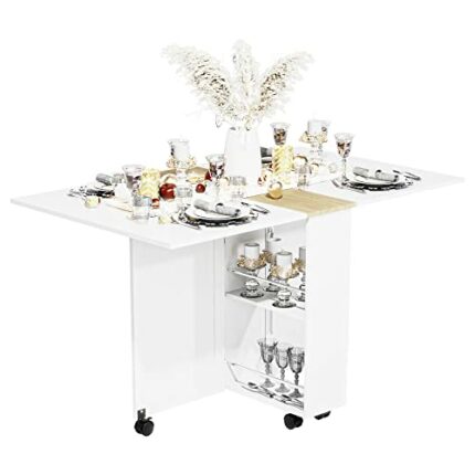 3imothrix Folding Dining Table, Dinner Table with Drawer and Storage and Shelves, Space Saving Dining Table with 6 Wheels, Kitchen Table for Smal