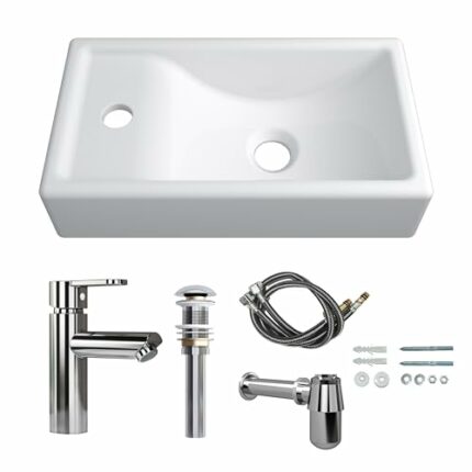 MEJE 41x23 cm Wall Hung Basin Sink Combo, Small Cloakroom Basin, Rectangle Ceramic Bathroom Wash Basin - Left Hand Sink Set (Include Faucet & Pop