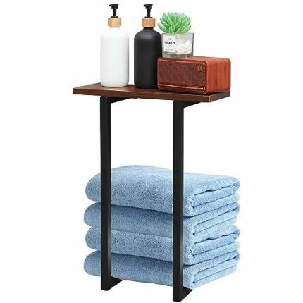 Towel Racks for Bathroom Wall Mounted, Towel Holder with Wooden Shelf for Folding Towels, Metal Towel Organizer for Bath, Rv, Camper, Black