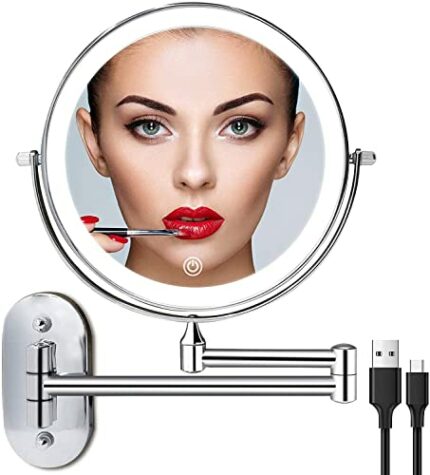 FUNTOUCH Rechargeable Makeup Vanity Mirror with Light, Wall Mounted Double Sided 1X 10X Magnifying Bathroom Mirror, 3 Color Dimmable Lighting, Ex
