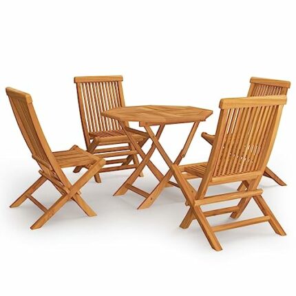 vidaXL Solid Teak Wood Garden Dining Set 5 Piece Patio Outdoor Furniture Set Wooden Slatted Folding Dining Table and Chairs Side Seat