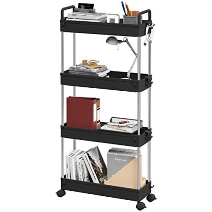Ronlap 4 Tier Storage Trolley, Narrow Mobile Shelving Unit with Handle Hook Lock Wheels, Thin Rolling Utility Trolley Slide Out Skinny Storage Or