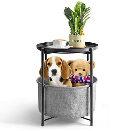 Round Side Table with Fabric Storage Basket, Round Nightstand，Metal Side Table, Coffee Round Table, Small End Table with Removable Tray Top for L