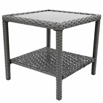 C-Hopetree Small Outdoor Coffee Side End Table for Outside Patio Storage, Gray All Weather Wicker with Glass Top, Square