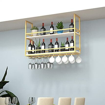 SUCHETA Hanging Storage Shelves, Golden Hanging Wine Rack, Industrial Style Wrought Iron Double Ceiling Hanging Kitchen Storage Rack Home Decorat