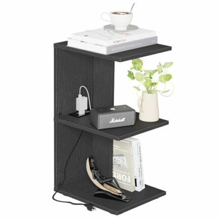 Fixwal End Table with Charging Station, Modern 3-Tier Narrow Side Table, Bedside Table with USB Ports and Outlets, Rolling Bedside Nightstand wit