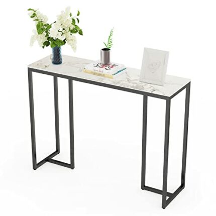 FATIVO Slim Console Table Hallway Unit: White Rich Pattern Marble Top Consoles Desk Long 100cm High Gloss Sintered Stone Marbles Effect and Black