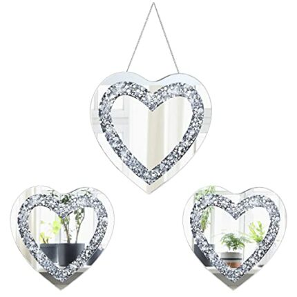 Qunclay 3 Pcs Crystal Crush Diamond Silver Mirror for Wall, 12 and 8 Inches Modern Shaped Mirror Wall Hang Decorations Glass Diamond Mirror Wall