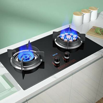 MILECN 29.5" Inches Gas Cooktop Tempered Glass Built in Gas Stove 2 Burners Gas Stoves Cooktop with Thermocouple Protection And Easy To Clean,Nat