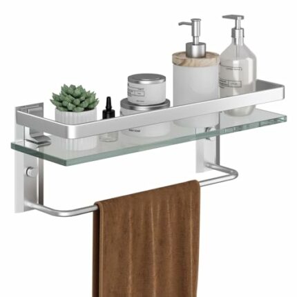 Danpoo Bathroom Wall Shelf, Tempered Glass Bathroom Shelf with Towel Bar(Matte Silver)