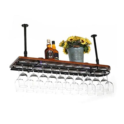EYLINK Ceiling Decoration Rack Upside Down Wine Rack, Solid Wood Bar Goblet Tableware Hanging Rack, Creative Neon Light Decoration Floating Shelf