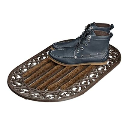 Relaxdays Door Cast Iron Doormat with Bristles, Oval 4 x 73 x 42 cm, Art Nouveau Rustic Welcome Mat Made of Robust Powder Coated Metal with Anti-