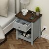 ChooChoo Nightstand with Charging Station, Wooden Top Bedside Table with Drawer and Storage Space for Bedroom, Grey