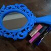 collectiblesBuy Handcrafted Wooden Hand Held Mirror Blue Floral Design with Handle Small Oval Shape Plain HD Dressing Table Bathroom Accessory Va