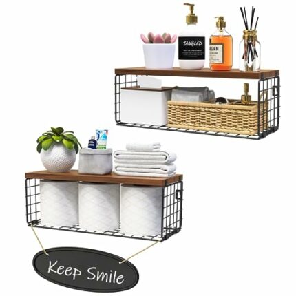Obswell Kole Floating Shelves with Wire Storage Basket, Bathroom Shelves Over Toilet with Protective Metal Guardrail, Wood Wall Shelves for Bathr
