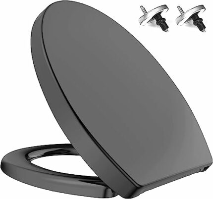 Soft Close Black Toilet Seat Standard Loo Seat with Top & Bottom Fixing Quick Release and Adjustable Hinges O Shape Lid Cover PP