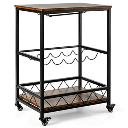 DNATS Classic Kitchen Bar Cart Serving Trolley Sturdy Steel Frame Wine Rack Glass Holder Portable 4 Universal Casters