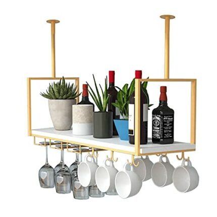 EYLINK Ceiling Hanging Wine Rack with Glass Holder and Shelf, Industrial Vintage Bar Floating Shelf, Ceiling Mounted Hanging Wine Bottle Holder (